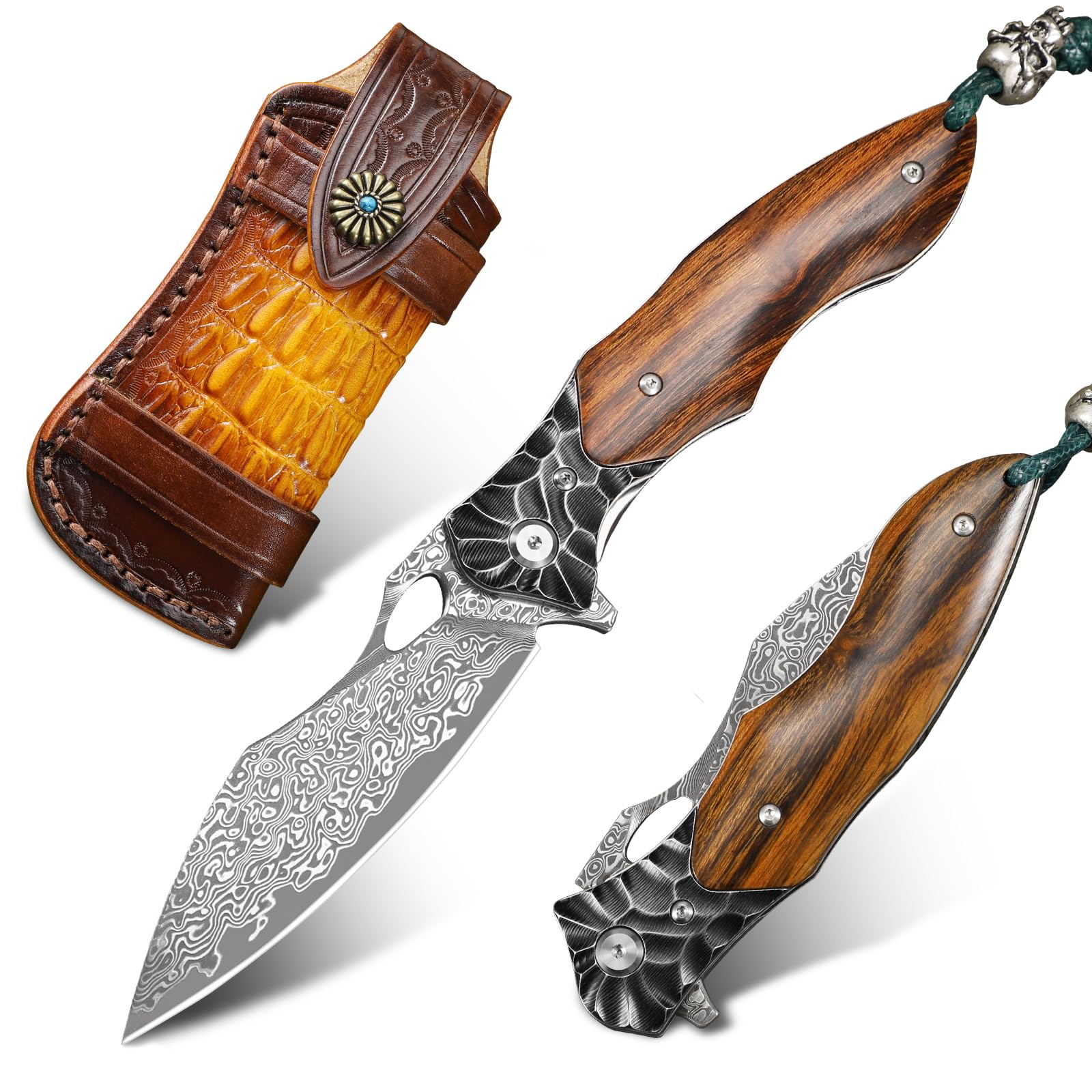 Minowe Handmade Damascus Steel Folding Pocket Knife， with 3.7in Sharp Blade，Men's Folding Knife, Liner Lock，Desert Ironwood Handle，with Leather Sheath, Home Outdoor EDC Knife, Camping Gift Knifeife