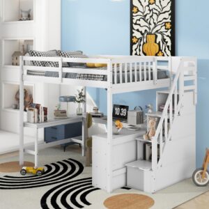 Full Size Loft Bed with Stairs and Desk, Wood Loft Beds with Storage Staircase, High Loft Bed Frame with Bookcase Shelves & L-Shape Desk for Kids, Teen, Boys, Girls, White