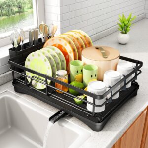 dish drying rack - stainless steel dish rack for kitchen counter, large-capacity dish drainer with cutlery holder, kitchen organizer for dishes, spoons and forks, black