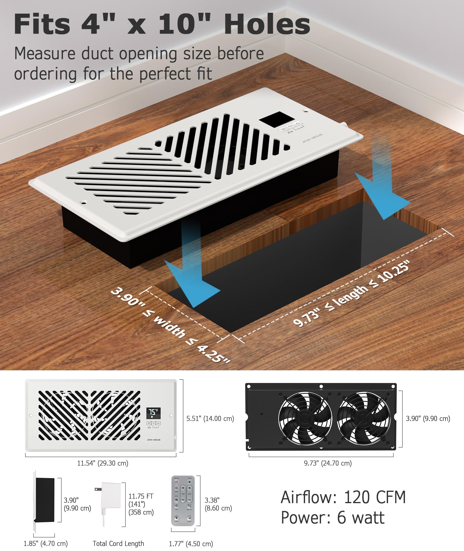 ATOM NEXUS AirBlaze Z4, Quiet Register Booster Fan Fits 4”x10” Register Holes, Smart Vent Booster Fan With Thermostat Control & Remote Control, 10-Speed Control Heating Cooling AC Vent Fan (White)