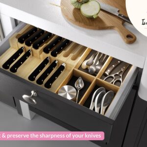 Isabel Lily - Bamboo Kitchen Knife Holder for Drawer | Organize 8 Short and 8 Long Knives and 1 Sharpener | Anti-Slip Surface | Includes Microfiber Cloth