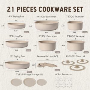 CAROTE 21pcs Pots and Pan Set Non Stick, Nonstick Induction Cookware, Detachable Handle Cookware Set, Removable Handle, RV Oven Safe Cookware, Taupe