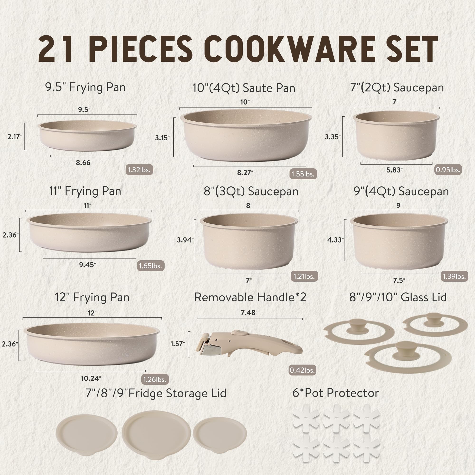 CAROTE 21pcs Pots and Pan Set Non Stick, Nonstick Induction Cookware, Detachable Handle Cookware Set, Removable Handle, RV Oven Safe Cookware, Taupe