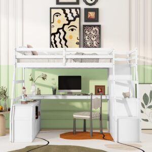 Twin Loft Bed with Stairs and Desk, Wood Loft Beds with Cabinet and 7 Drawers and 2 Shelves High Loft Bed Frame with Step for Kids, Juniors, Teen, Boys, Girls, White