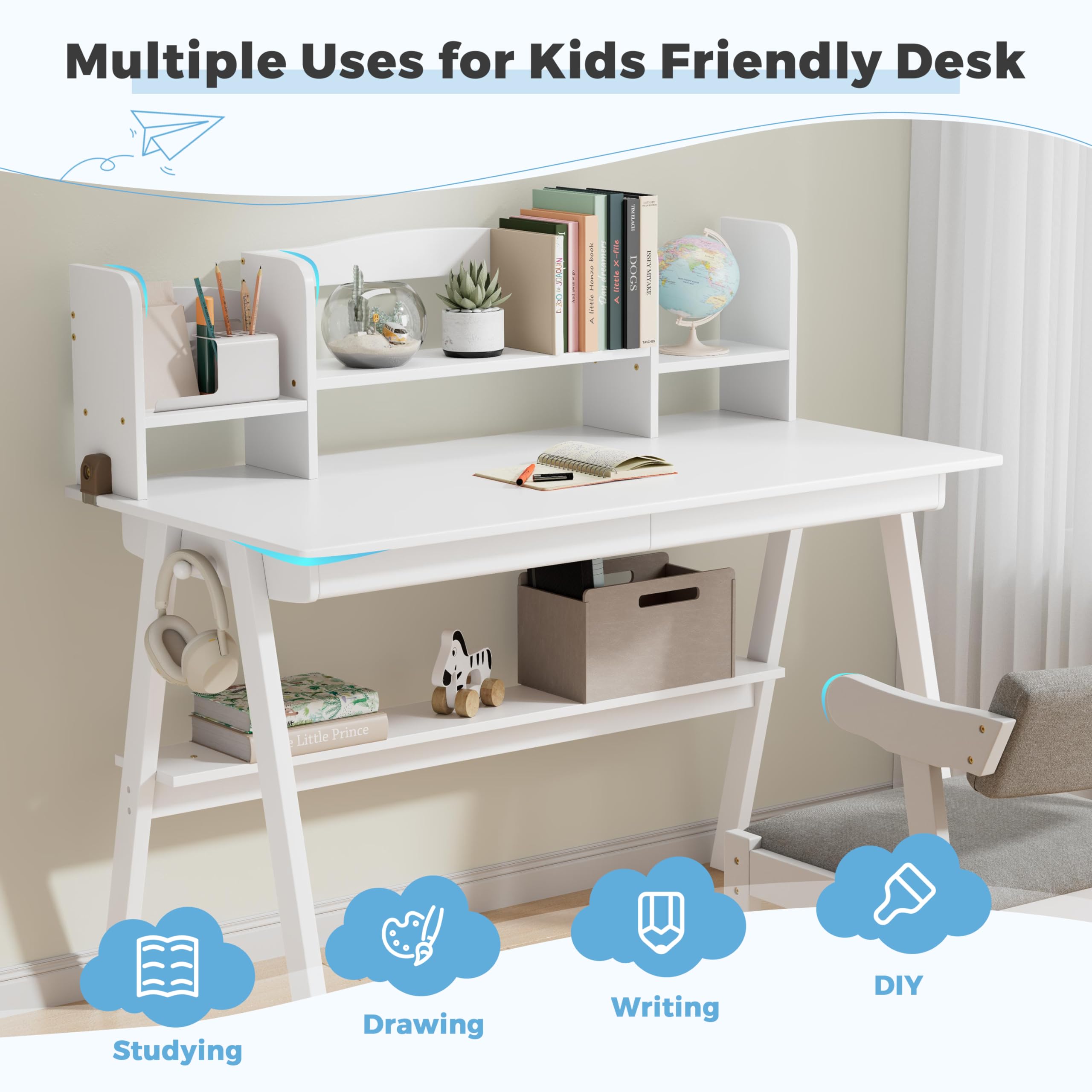 DELAVIN 47.24" Solid Wood Kids Desk and Chair Set, White Writing Desk with Drawers and Hutch for Kids, Kids Computer Table and Chair Set for Study Room, Bedroom, White