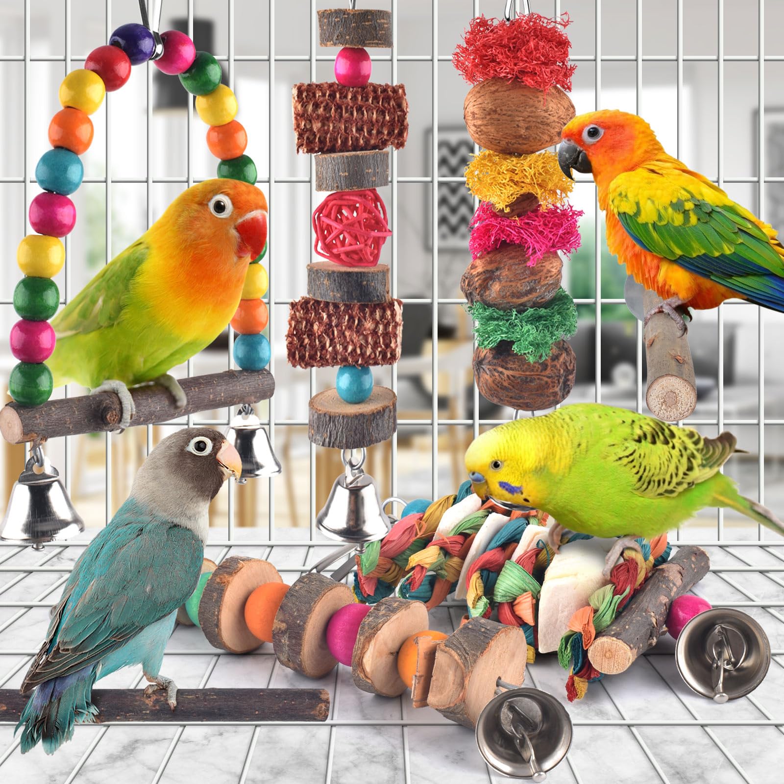 Bissap Bird Chew Toys, 7 Packs Parakeet Natural Wood Toys Parrot Hanging Cage Toy Bird Perch Stand for Small Bird Conure Cockatiel Parrotlet Lovebird Budgie