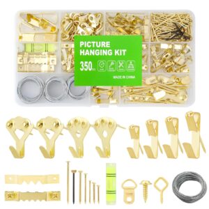 350pcs picture hanging kit, heavy duty photo frame hangers with sawtooth hardware, d rings, nails, level, screws, steel wire for picture, painting, mirror, wall art mounting