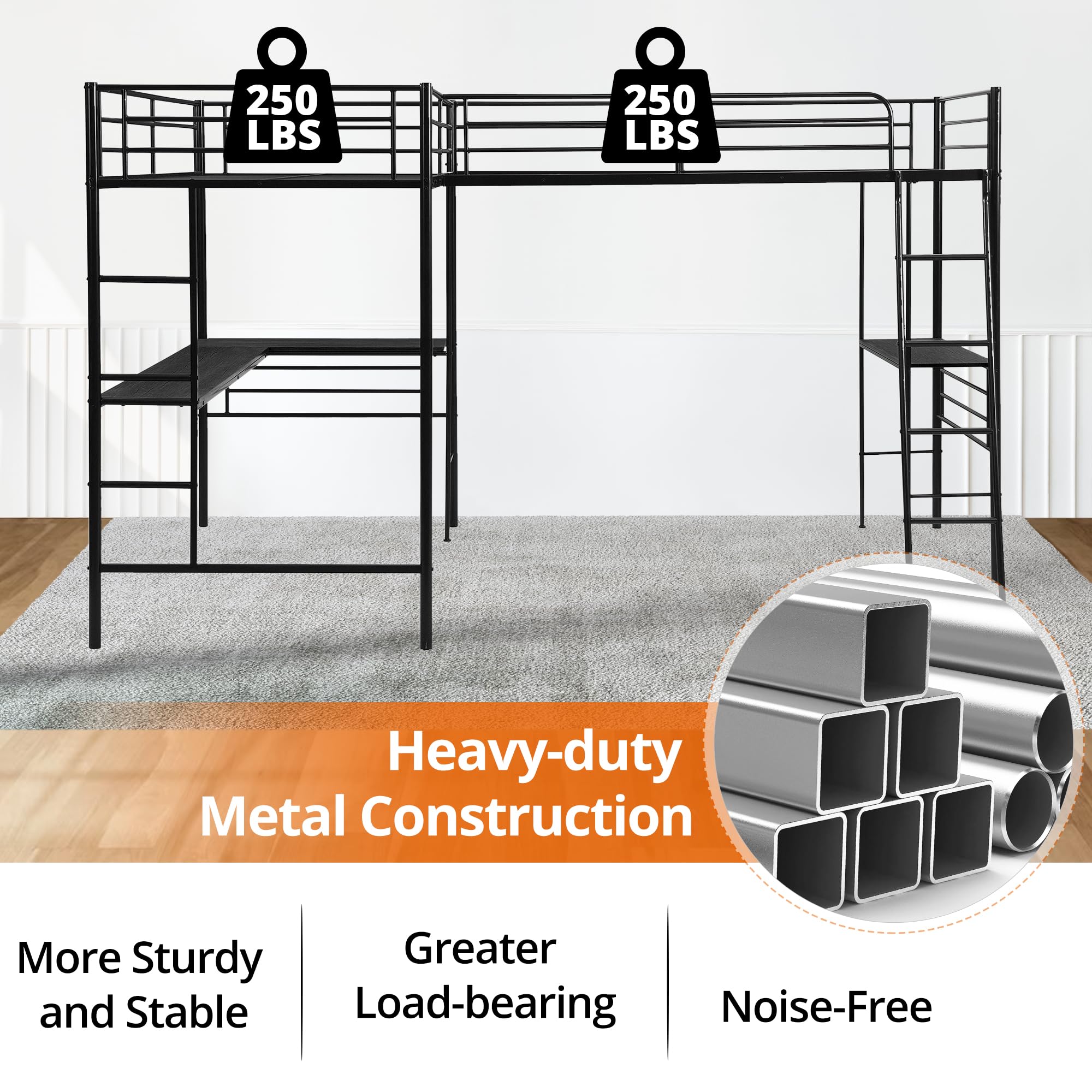 INCLAKE Twin Size L-Shaped Loft Bed with 2 Built-in Desks, Metal Loft Corner Bed with 2 Ladders and Safety Guard Rail, Heavy-Duty Bunk Bed for 2 Children Adults, Space Saving & No Noise, Black