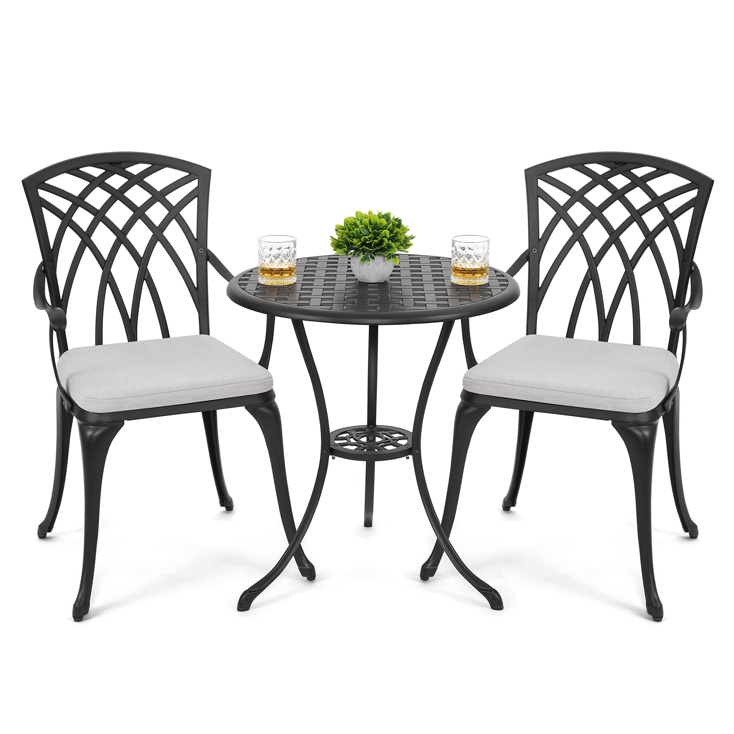 NUU GARDEN Bistro Set 3 Piece Outdoor Cast Aluminum Patio Bistro Set Patio Table and Chairs Set of 2 with Umbrella Hole and Gray Cushions, Black