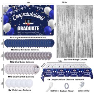 Graduation Decorations Class of 2024, Navy Blue and Silver Graduation Decorations, 2024 Graduation Party Decoration with Congratulations GRADUATE Backdrop Banner Balloons for College Nurse High School