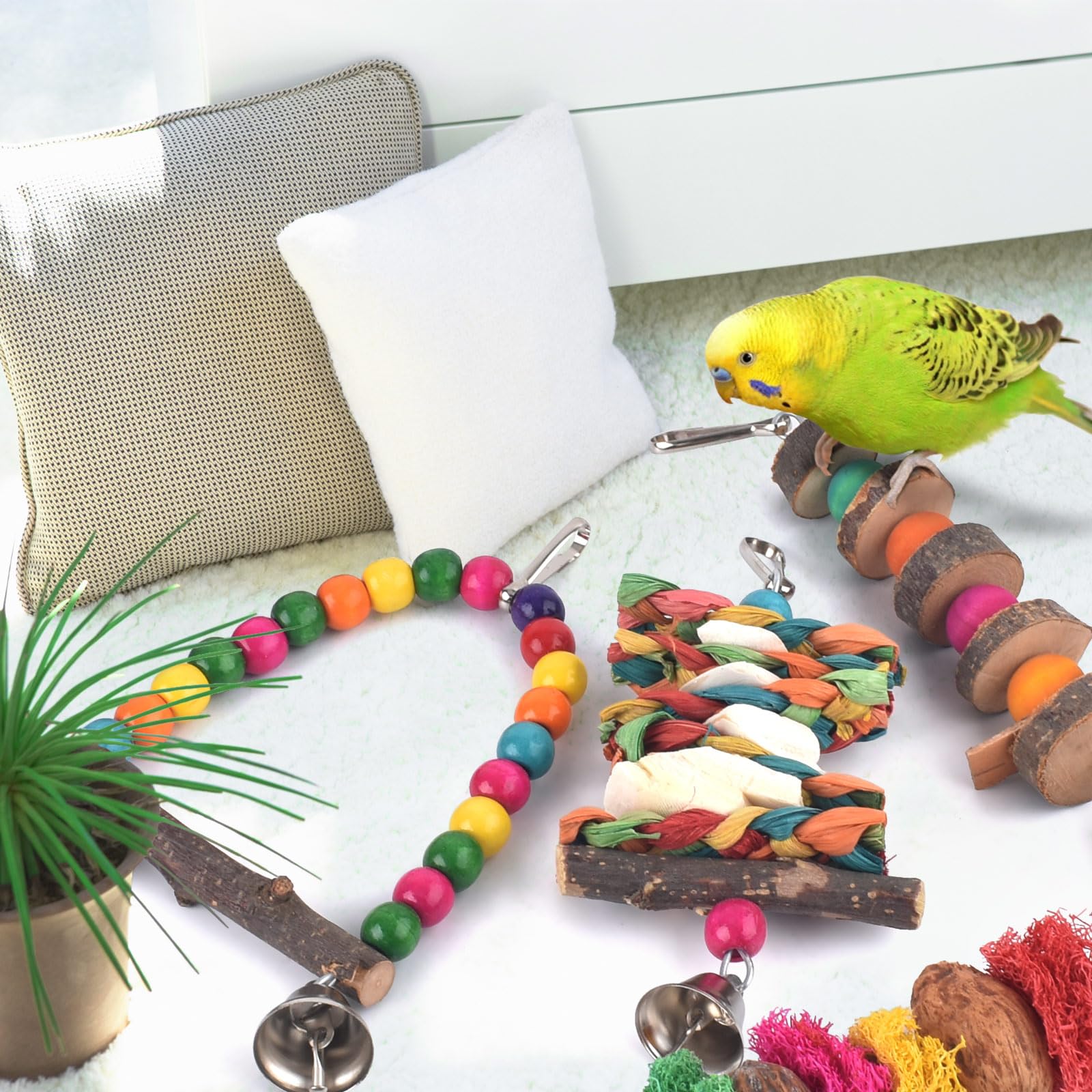 Bissap Bird Chew Toys, 7 Packs Parakeet Natural Wood Toys Parrot Hanging Cage Toy Bird Perch Stand for Small Bird Conure Cockatiel Parrotlet Lovebird Budgie