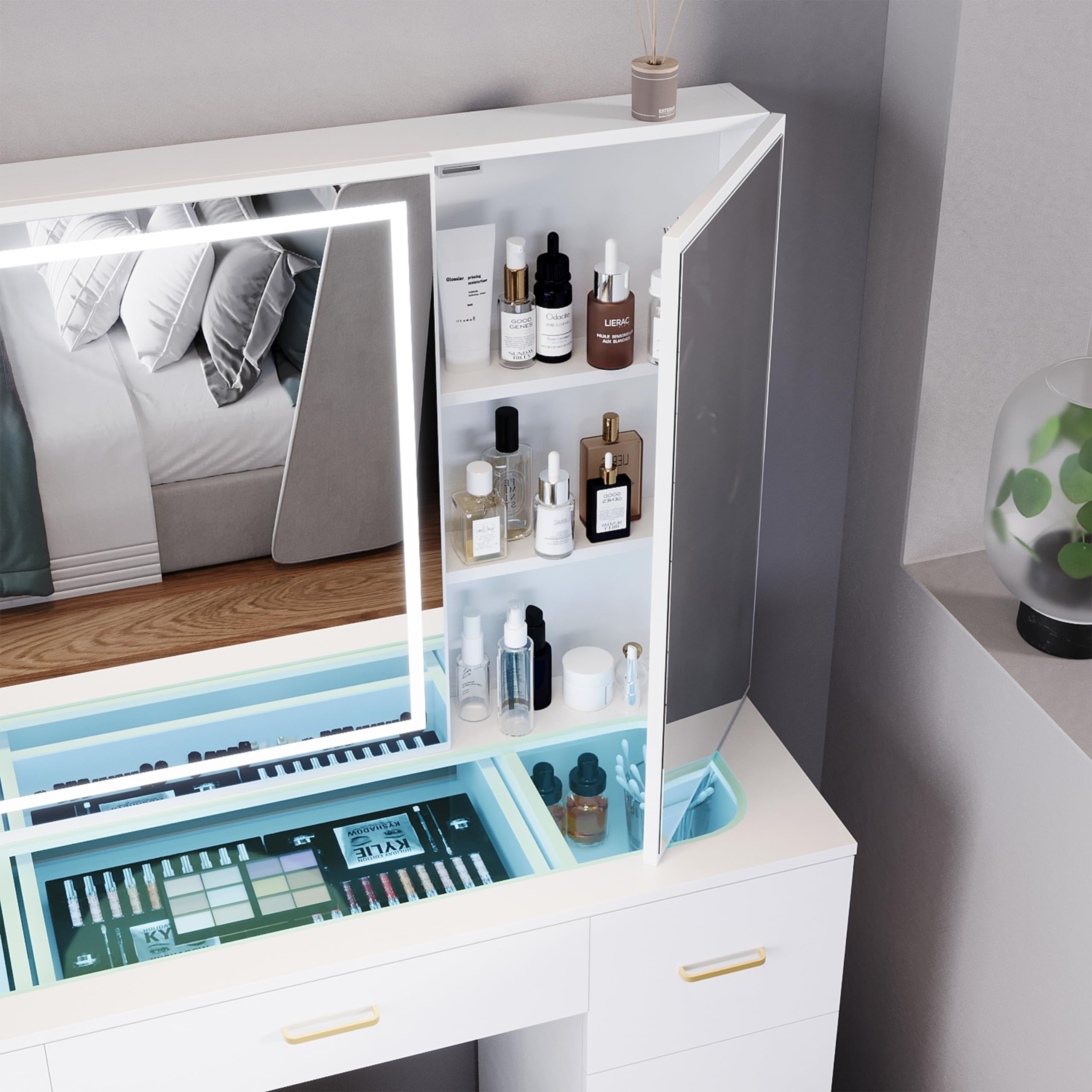 Wildhome Vanity Desk with with Mirror and Lights,Makeup Vanity with Glass Top and 7 Drawers&Cushioned Stool,Dressing Table with Drawers, Bedroom Vanity Desk for Women (White-Glass top)