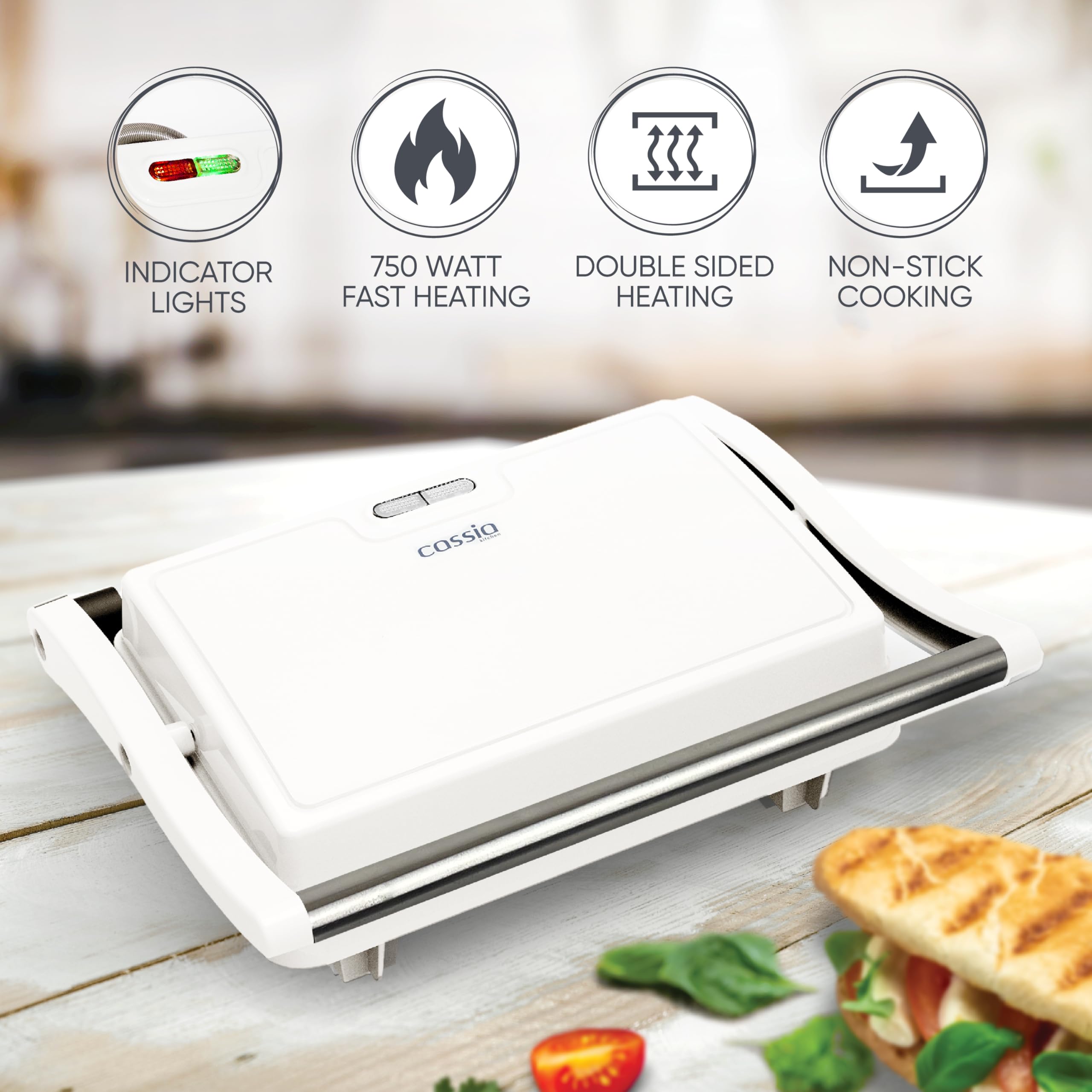 Cassia Panini Maker - 750 Watt 2-Slice Press Grill with Indicator Lights | Opens 180 Degrees | Double Sided Heating | Non-stick Cooking | Cool Touch Handle | Easy to Clean, Cream