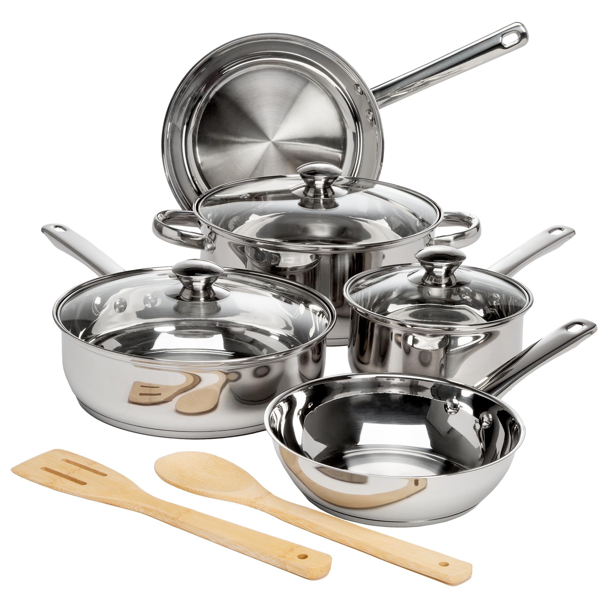 Ecolution Classic Stainless Steel Pots and Pans Set, Professional Quality, Encapsulated Base, Comfort Grip Riveted Handles, All Cooktop Safe, Oven Safe, Dishwasher Safe, 10-Piece