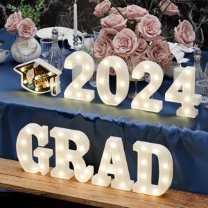 Graduation Party Decorations 2024-8 LED Long Marquee Light Up Letters 'Grad 2024' and 1 'Doctorial hat' - Graduation Party Decor for Kindergarten Preschool High School College Graduation