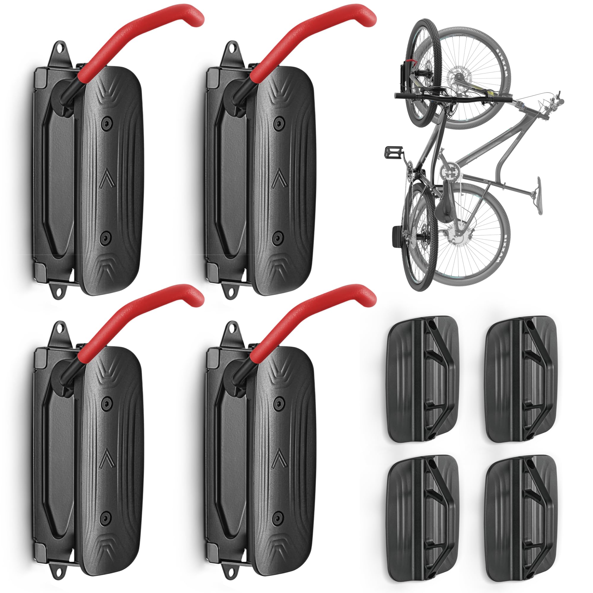 monTEK Swivel Bike Wall Mount, Bike Hangers for Garage, Wall Mount Bike Rack, Space Saving Sturdy Wall Bike Rack, Vertical Bike Rack Holds Up to 66 lbs - Bike Storage Rack for Garage, Red, 4 Pack