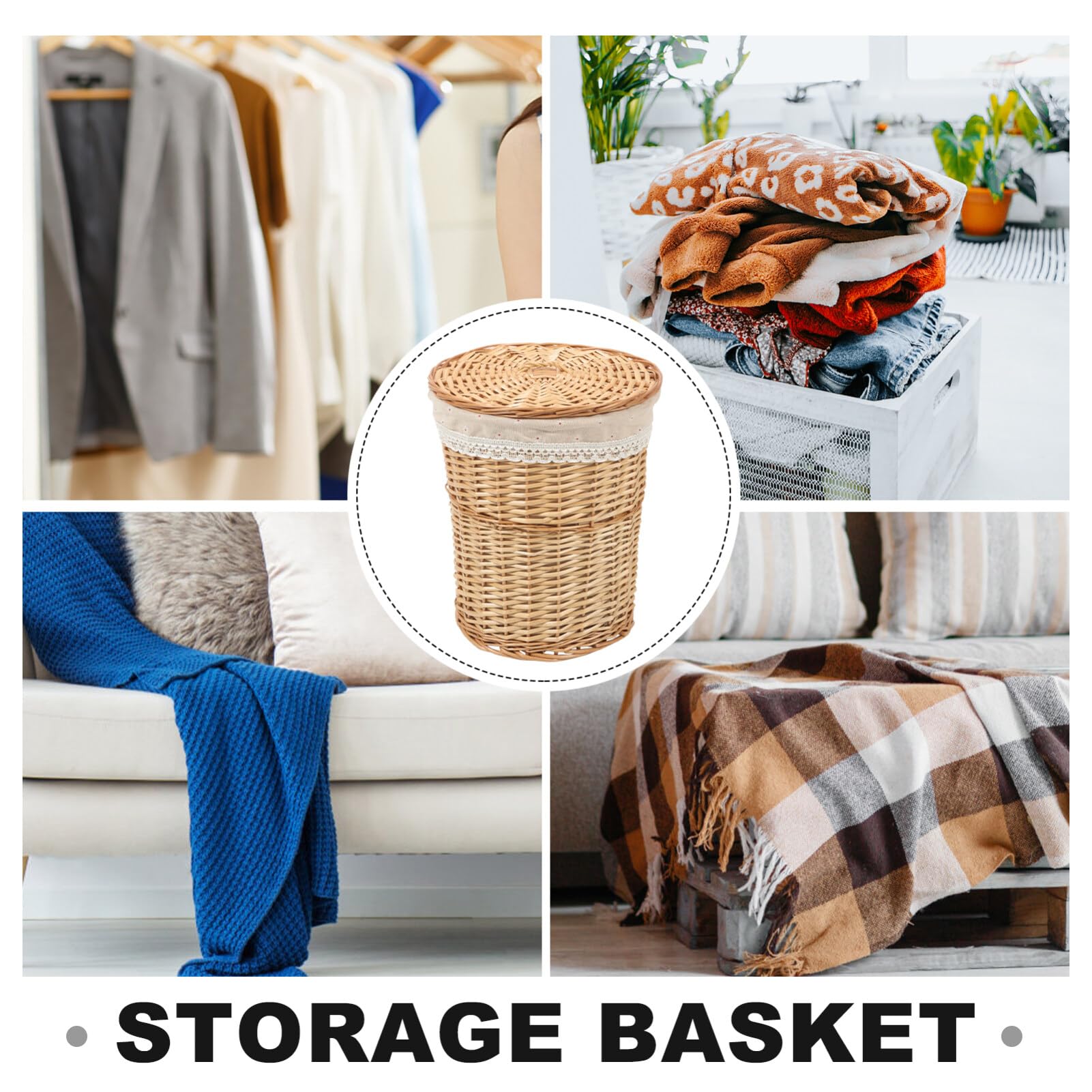 Ciieeo Handwoven Laundry Hamper, Rattan Clothes Laundry Basket with Lid and Liner Wicker Storage Baskets Nursery Basket Bin Sundries Container for Countertop Decor A