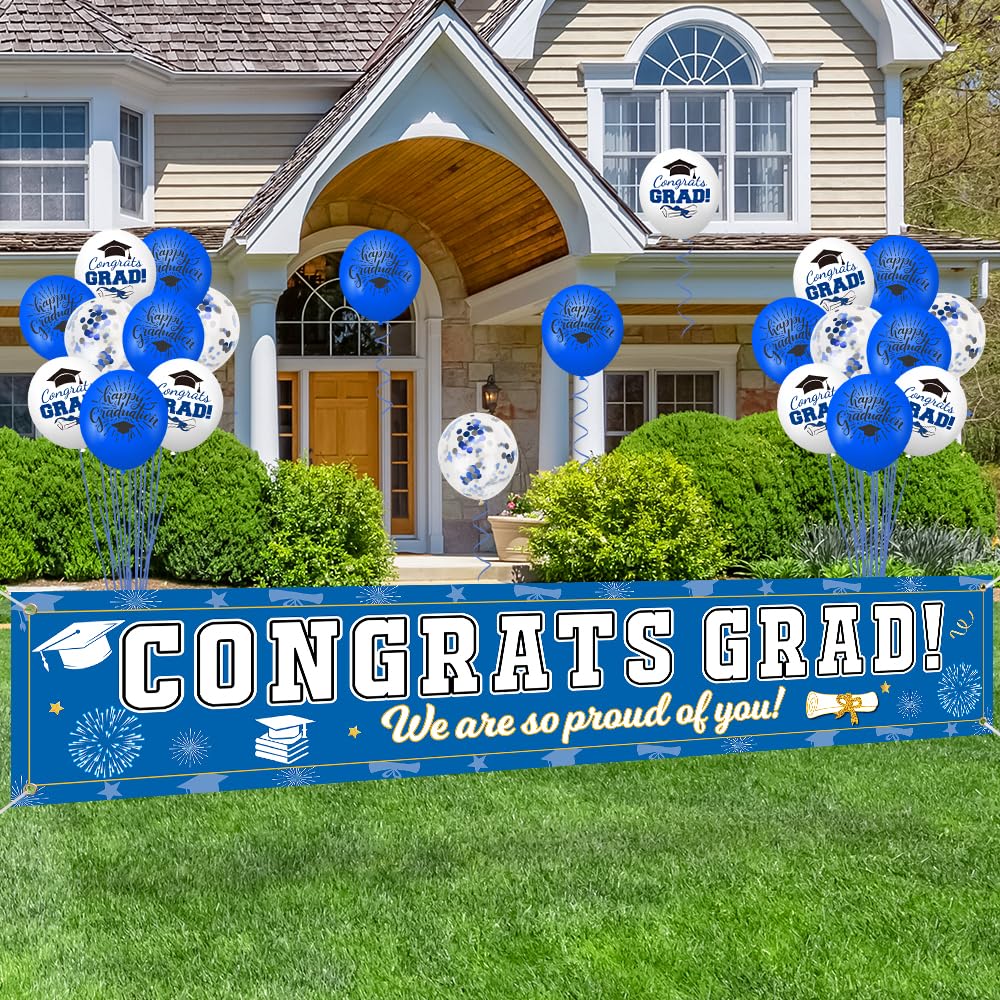 AKEROCK Graduation Decorations Class of 2024, Graduation Banner for Yard, Congrats Grad Banner for Congratulations Decorations, Includes 32 Balloons and 2 Rolls of Ribbon, Blue