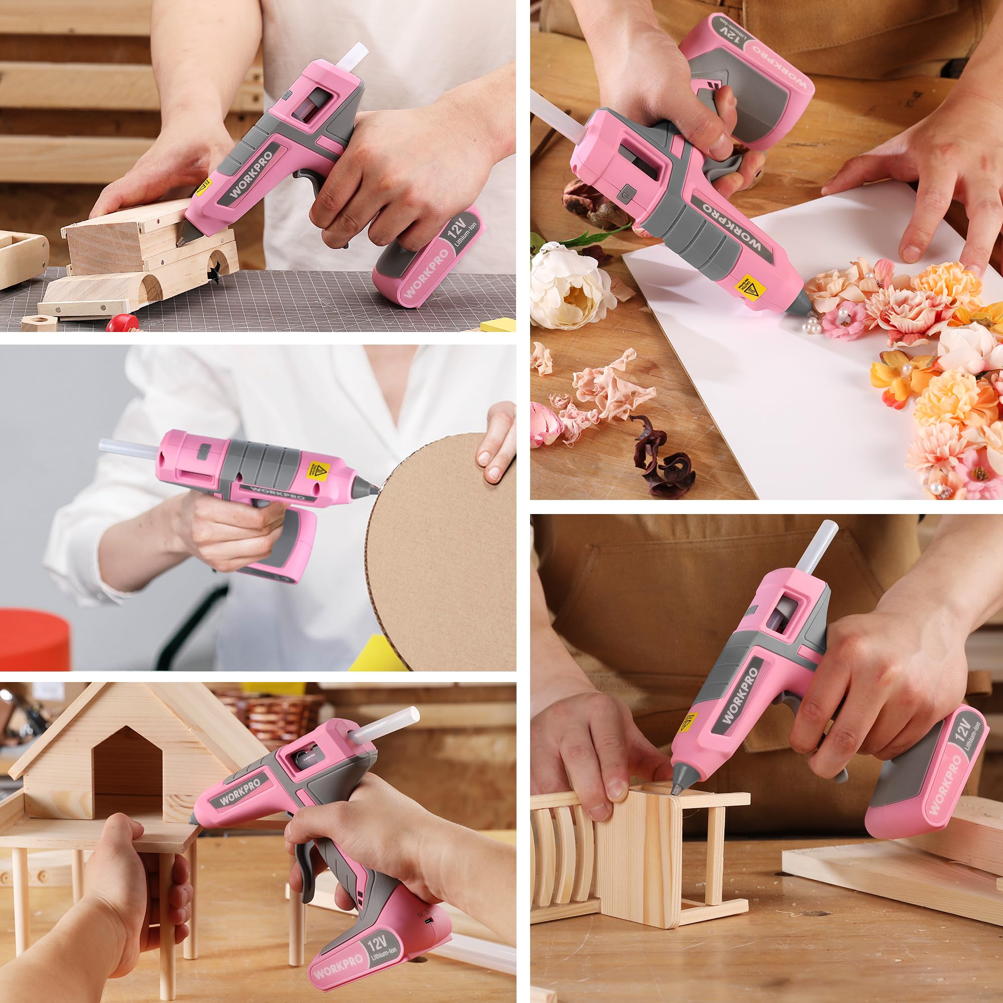 WORKPRO Full Size Cordless Hot Melt Glue Gun - 12V Rechargeable Fast Preheating Glue Gun Kit with 15pcs Full Size Glue Sticks, Auto Power-off Glue Gun for DIY Project, Art, Craft - Pink Ribbon