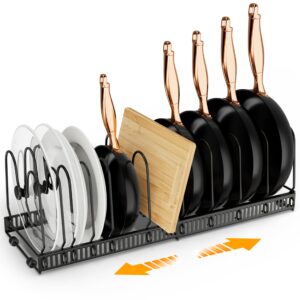 coneyaro pots and pans organizer, expandable kitchen organizer rack holder with 11 dividers - under cabinet storage for pots, pans, lids, bakeware, black