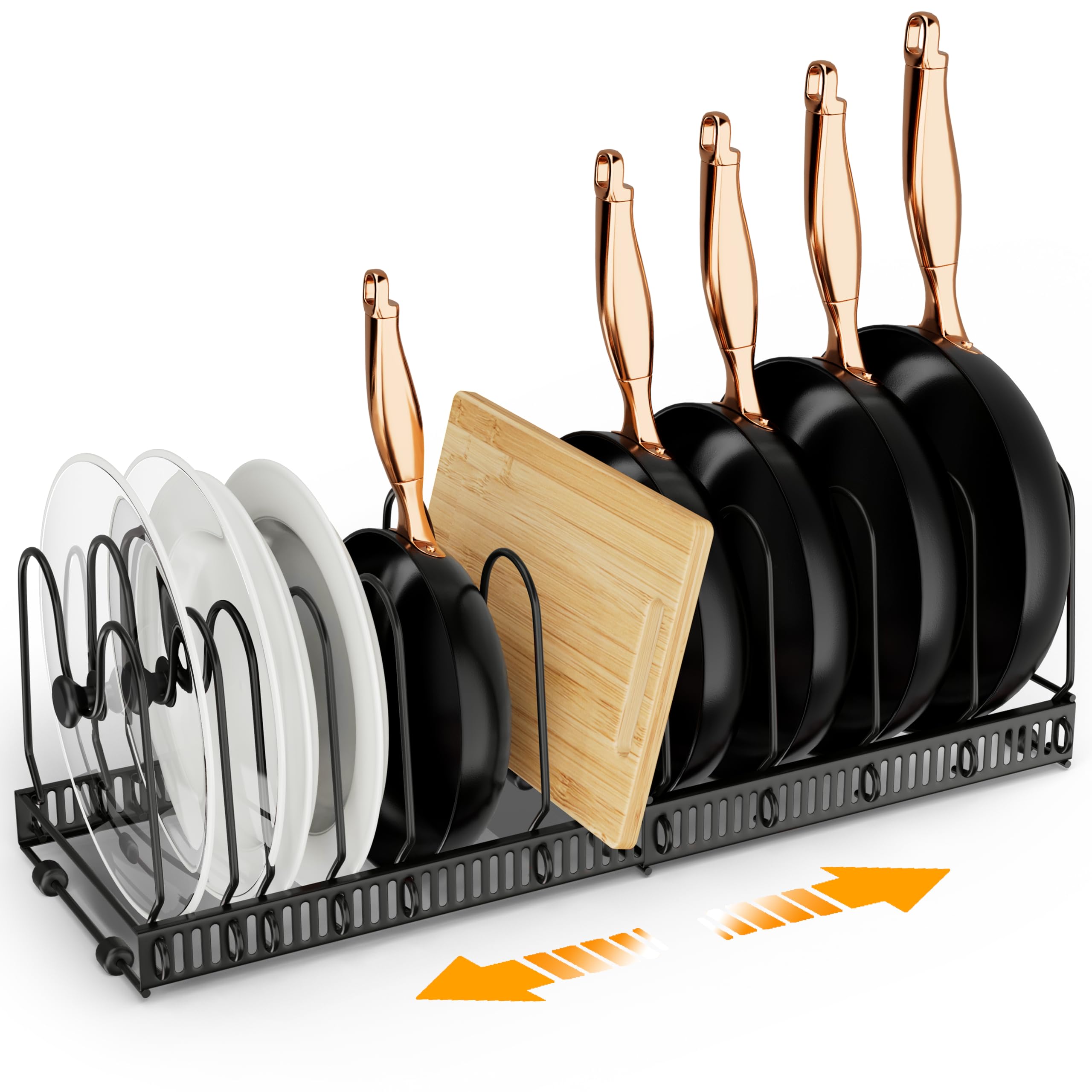 coneyaro Pots and Pans Organizer, Expandable Kitchen Organizer Rack Holder with 11 Dividers - Under Cabinet Storage for Pots, Pans, Lids, Bakeware, black