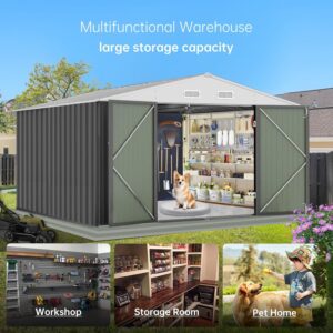 10x8 FT Outdoor Metal Storage Shed, Steel Utility Shed Storage, Metal Shed Outdoor Storage with Lockable Door Design with Sloped Roof for Patio, Garden, Backyard, Outdoor Use, Gray