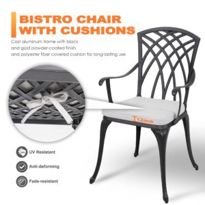 NUU GARDEN Bistro Set 3 Piece Outdoor Cast Aluminum Patio Bistro Set Patio Table and Chairs Set of 2 with Umbrella Hole and Gray Cushions, Black