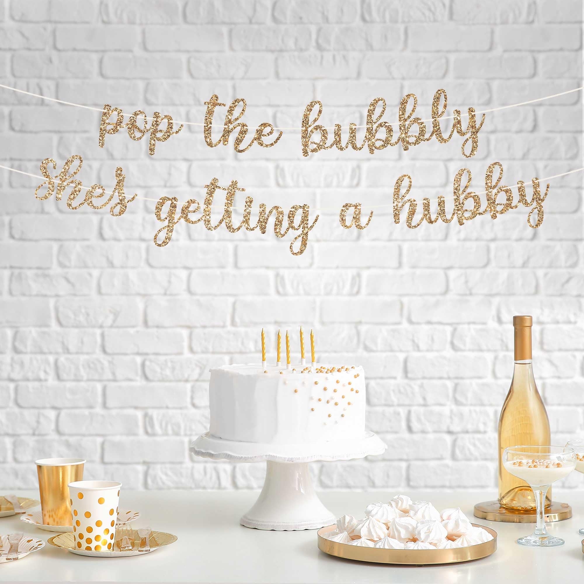 Pre-Strung Pop The Bubbly She's Getting A Hubby Banner - NO DIY - Gold Glitter Bachelorette Bridal Party Banner - Pre-Strung on 8 ft Strand - Bachelorette Party Decorations. Did we mention no DIY?