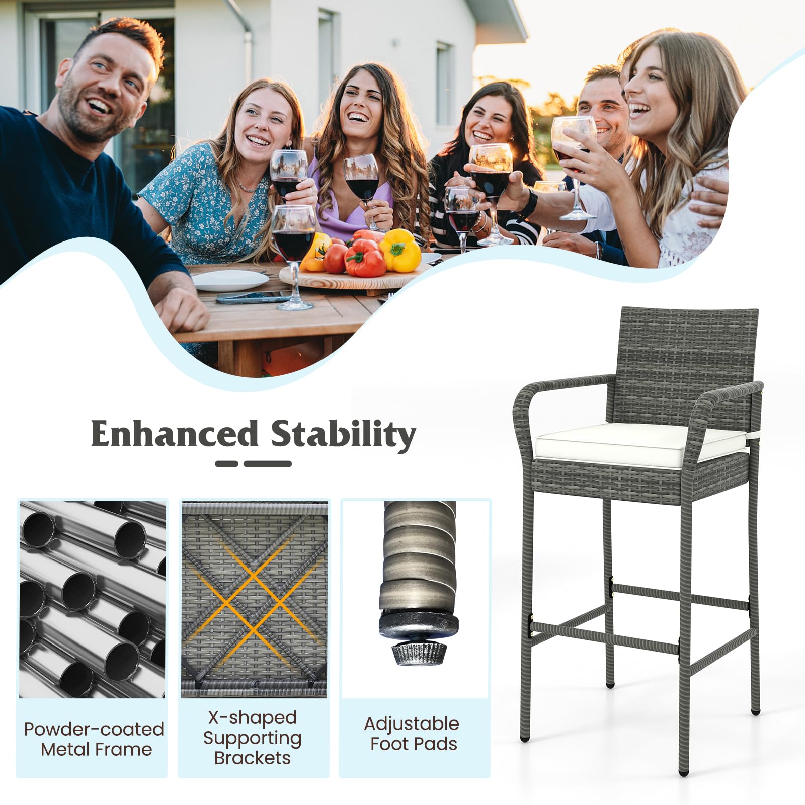 HAPPYGRILL Rattan Bar Chairs Set of 4, Outdoor PE Rattan Bar Stools with Armrests & Seat Cushions, Patio PE Wicker Bar Chairs with 30 Inch Seat Height & 400 LBS Load Capacity for Porch Backyard