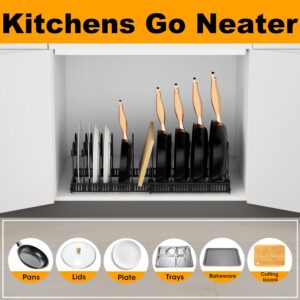 coneyaro Pots and Pans Organizer, Expandable Kitchen Organizer Rack Holder with 11 Dividers - Under Cabinet Storage for Pots, Pans, Lids, Bakeware, black