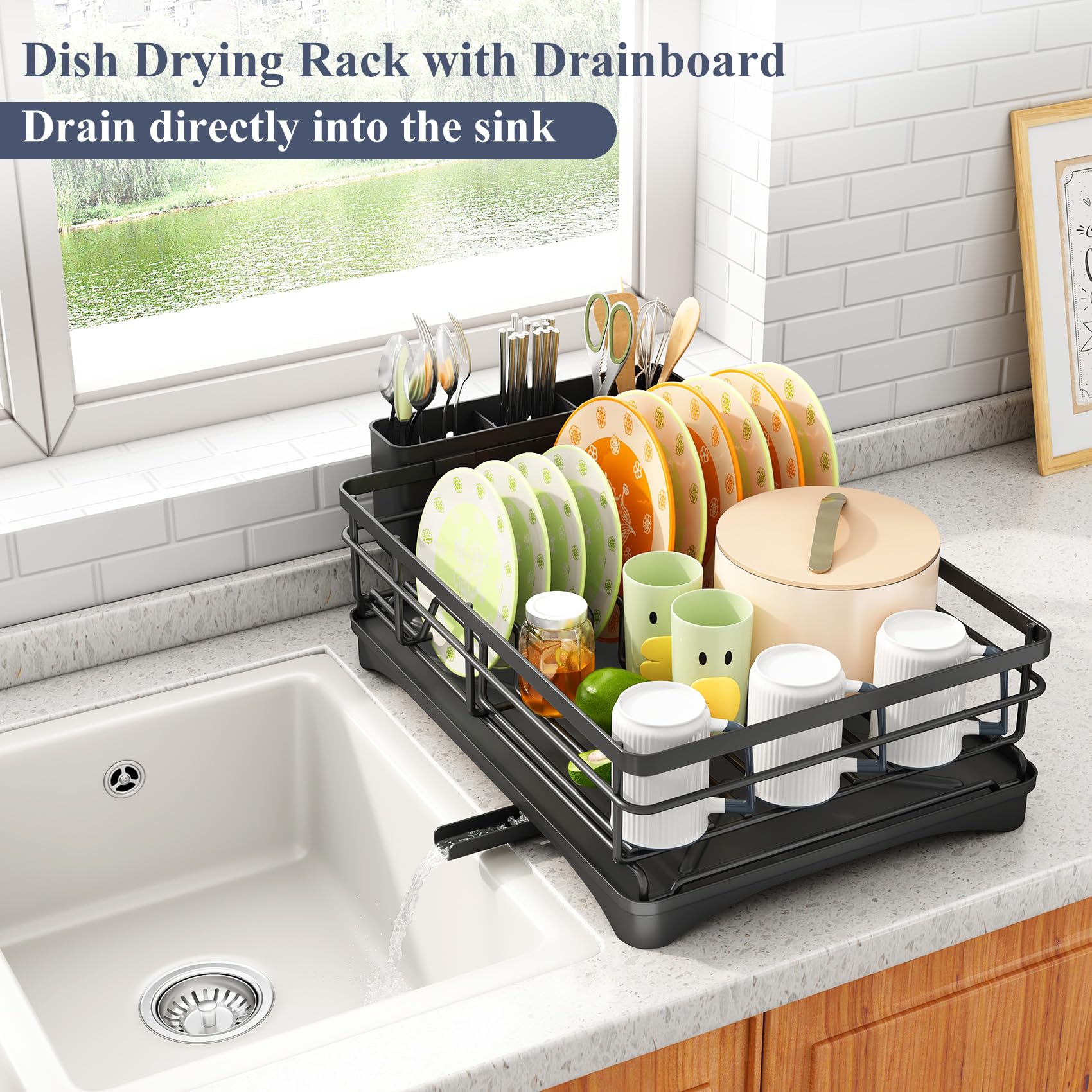 Dish Drying Rack - Stainless Steel Dish Rack for Kitchen Counter, Large-Capacity Dish Drainer with Cutlery Holder, Kitchen Organizer for Dishes, Spoons and Forks, Black