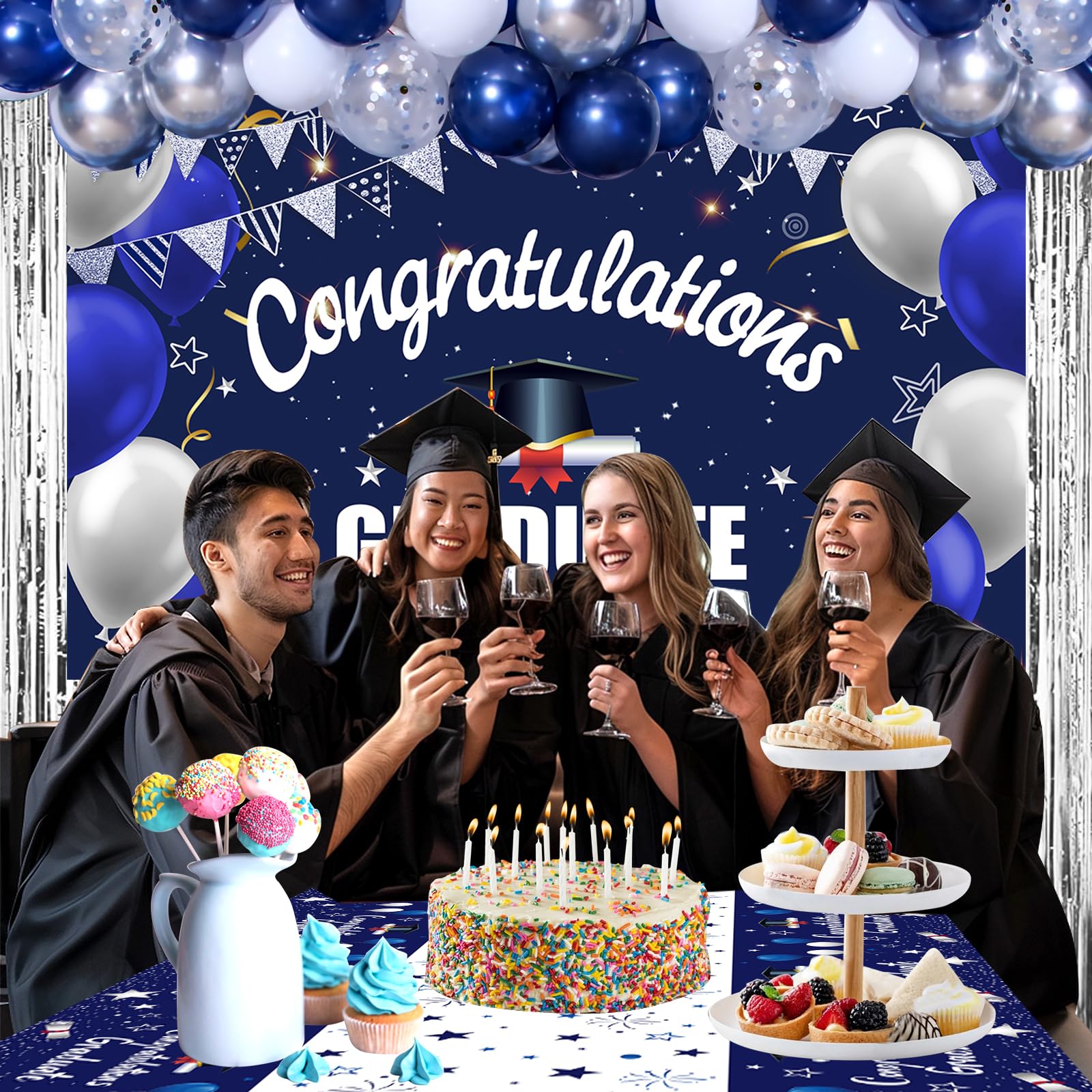 Graduation Decorations Class of 2024, Navy Blue and Silver Graduation Decorations, 2024 Graduation Party Decoration with Congratulations GRADUATE Backdrop Banner Balloons for College Nurse High School