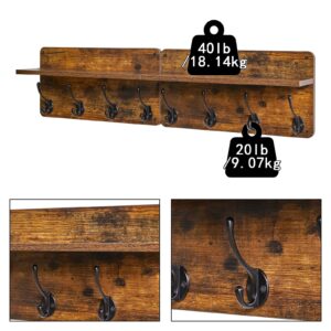 YMYNY Coat Rack Shelf Wall Mounted, Wooden Coat Hooks Set of 2, Entryway Coat Hanger with 8 Hooks,31.5''L Floating Shelves, Key Holder, for Kitchen, Bathroom, Living Room, Rustic Brown, UHWS006H-2