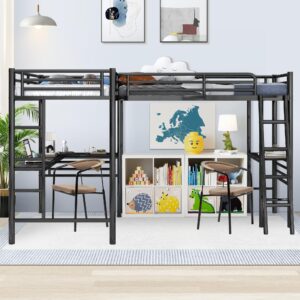 INCLAKE Twin Size L-Shaped Loft Bed with 2 Built-in Desks, Metal Loft Corner Bed with 2 Ladders and Safety Guard Rail, Heavy-Duty Bunk Bed for 2 Children Adults, Space Saving & No Noise, Black