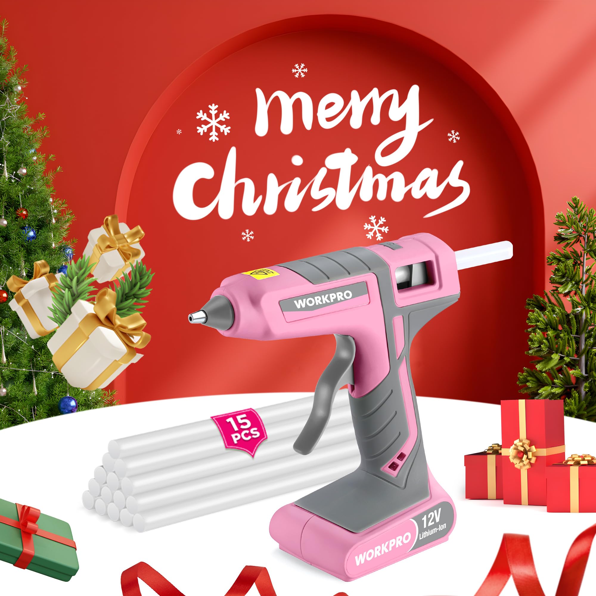 WORKPRO Full Size Cordless Hot Melt Glue Gun - 12V Rechargeable Fast Preheating Glue Gun Kit with 15pcs Full Size Glue Sticks, Auto Power-off Glue Gun for DIY Project, Art, Craft - Pink Ribbon