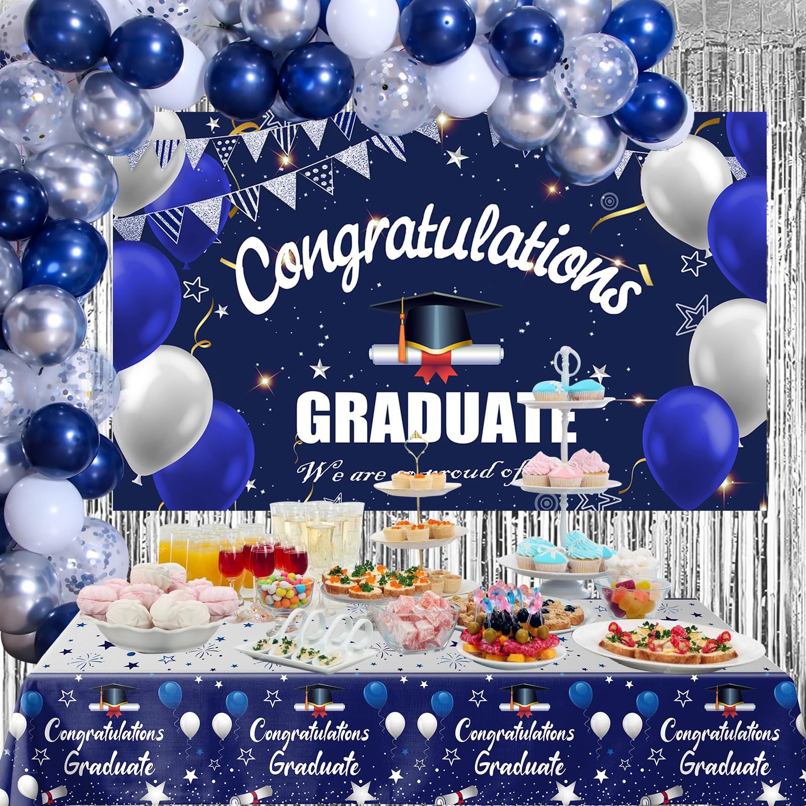 Graduation Decorations Class of 2024, Navy Blue and Silver Graduation Decorations, 2024 Graduation Party Decoration with Congratulations GRADUATE Backdrop Banner Balloons for College Nurse High School