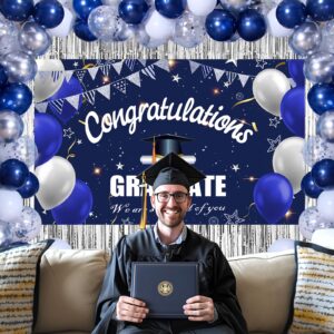 Graduation Decorations Class of 2024, Navy Blue and Silver Graduation Decorations, 2024 Graduation Party Decoration with Congratulations GRADUATE Backdrop Banner Balloons for College Nurse High School