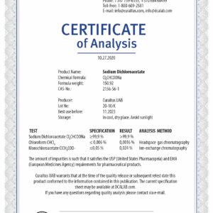 DCA - Sodium Dichloroacetate 500g Bulk Powder, Purity >99.9%, Made in Europe, by DCA-LAB, Certificate of Analysis Included, Tested in a Certified Laboratory, Buy Directly from Manufacturer, 1.7lbs