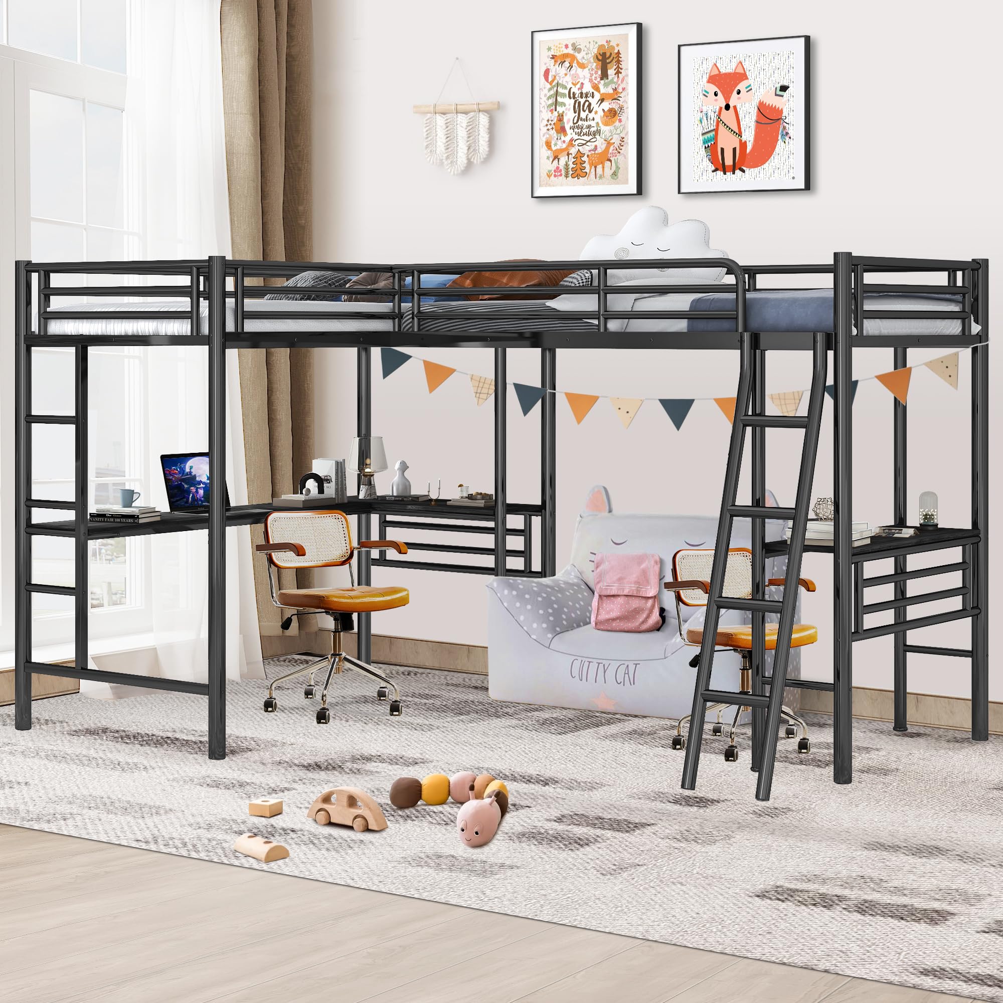 INCLAKE Twin Size L-Shaped Loft Bed with 2 Built-in Desks, Metal Loft Corner Bed with 2 Ladders and Safety Guard Rail, Heavy-Duty Bunk Bed for 2 Children Adults, Space Saving & No Noise, Black