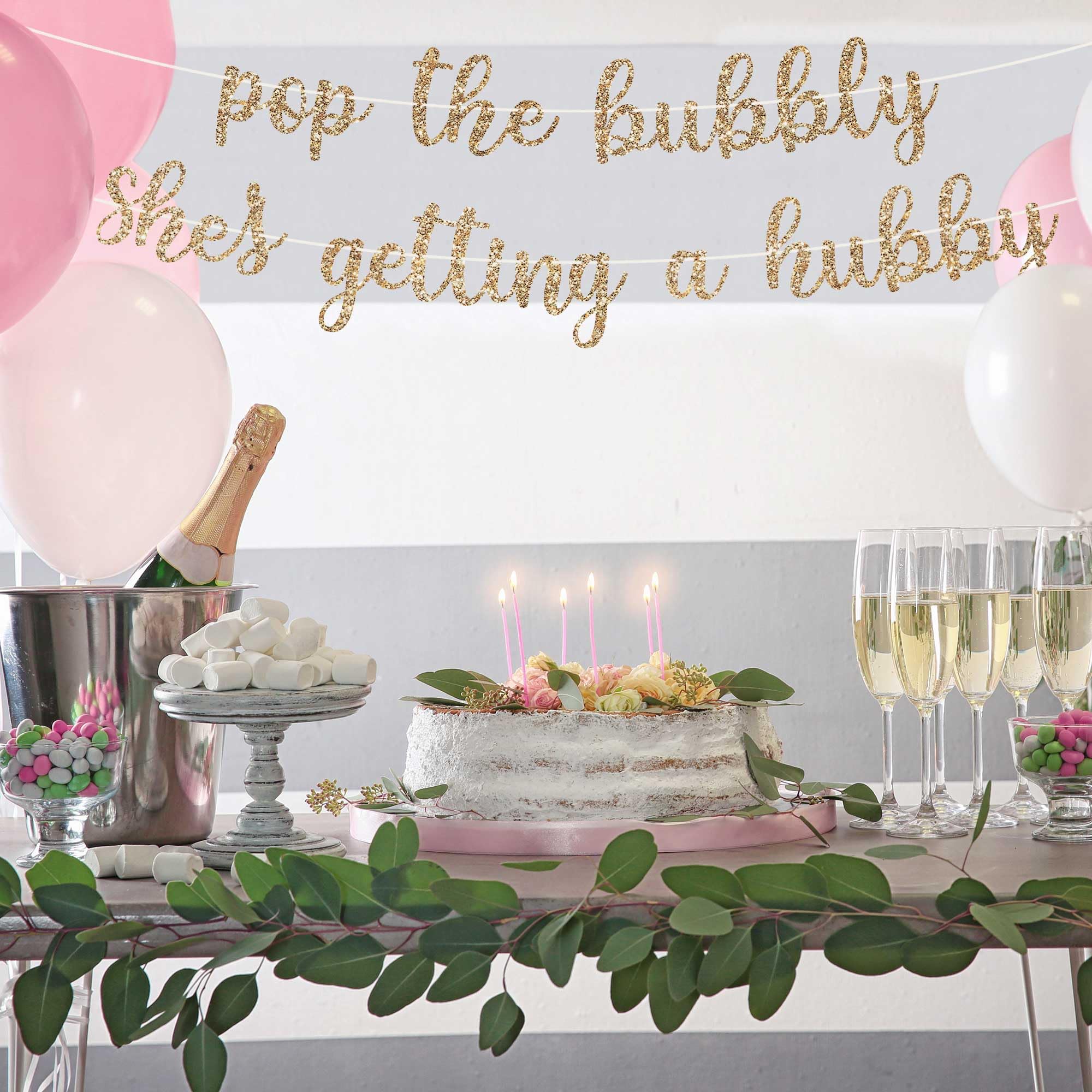 Pre-Strung Pop The Bubbly She's Getting A Hubby Banner - NO DIY - Gold Glitter Bachelorette Bridal Party Banner - Pre-Strung on 8 ft Strand - Bachelorette Party Decorations. Did we mention no DIY?