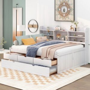 harper & bright designs full size daybed with trundle and 3 storage drawers, full captains bed with built-in bookshelves for girls boys,wooden daybed with trundle bed twin,white wash