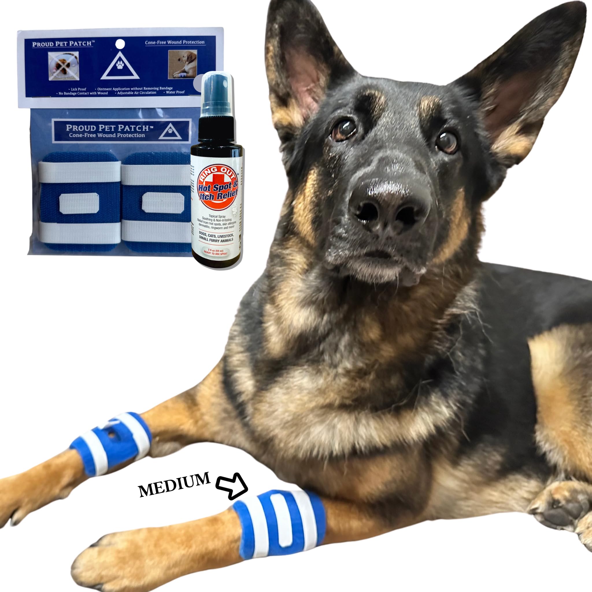 Proud Pet Patches A Better Dog Bandage for Wound Care, Cone Collar Alternative. Recovery Bandage for Dogs Leg. Cover & Help Licking of Hot Spots, Lick Granuloma, Stitches w/Hot Spot Spray (Medium)