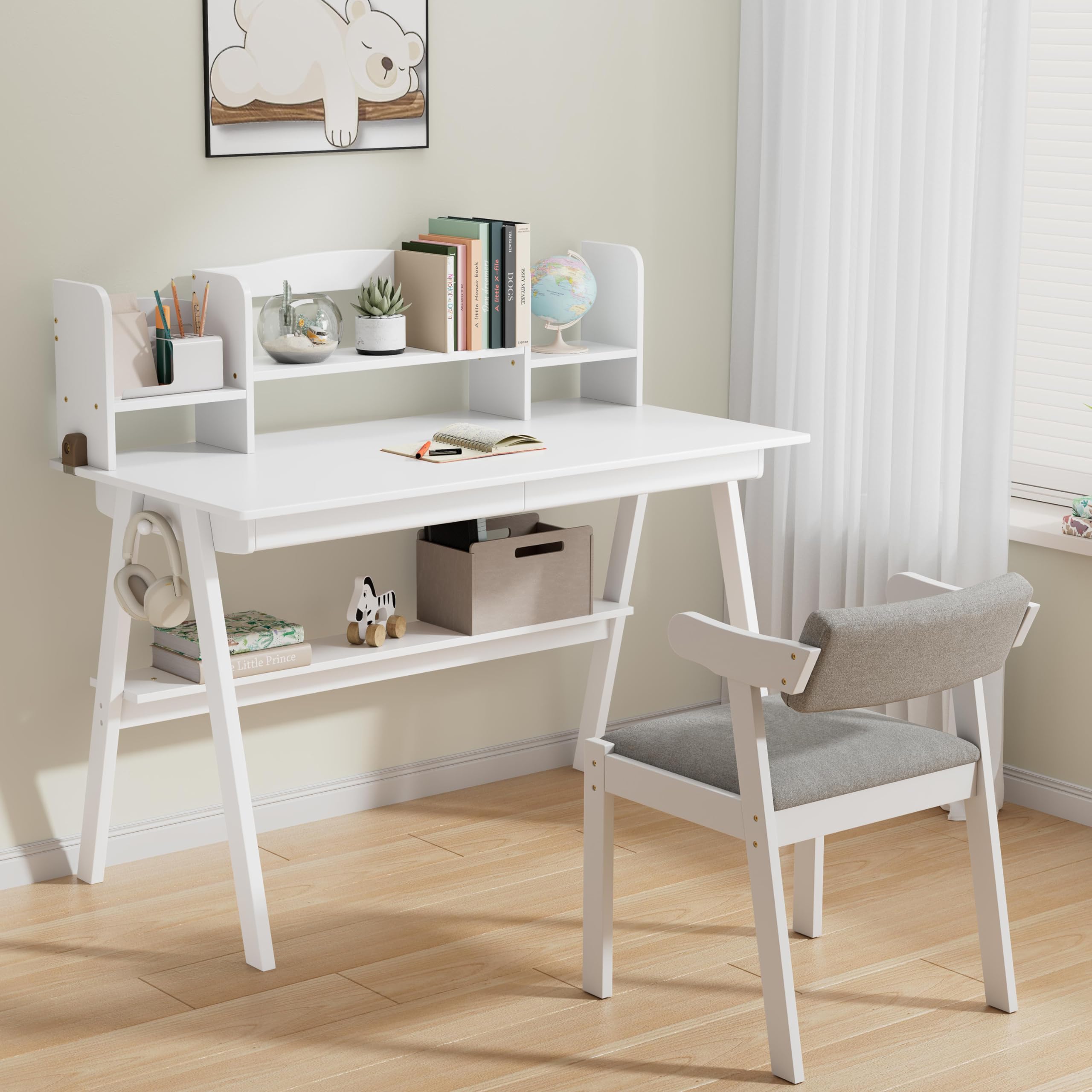 DELAVIN 47.24" Solid Wood Kids Desk and Chair Set, White Writing Desk with Drawers and Hutch for Kids, Kids Computer Table and Chair Set for Study Room, Bedroom, White