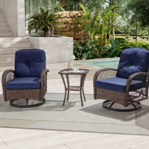 IMUsee Patio Furniture Set, 3 Pieces Swivel Rocking Chairs Outdoor Wicker Patio Bistro Set with Thick 4" Cushions, Brown & Blue