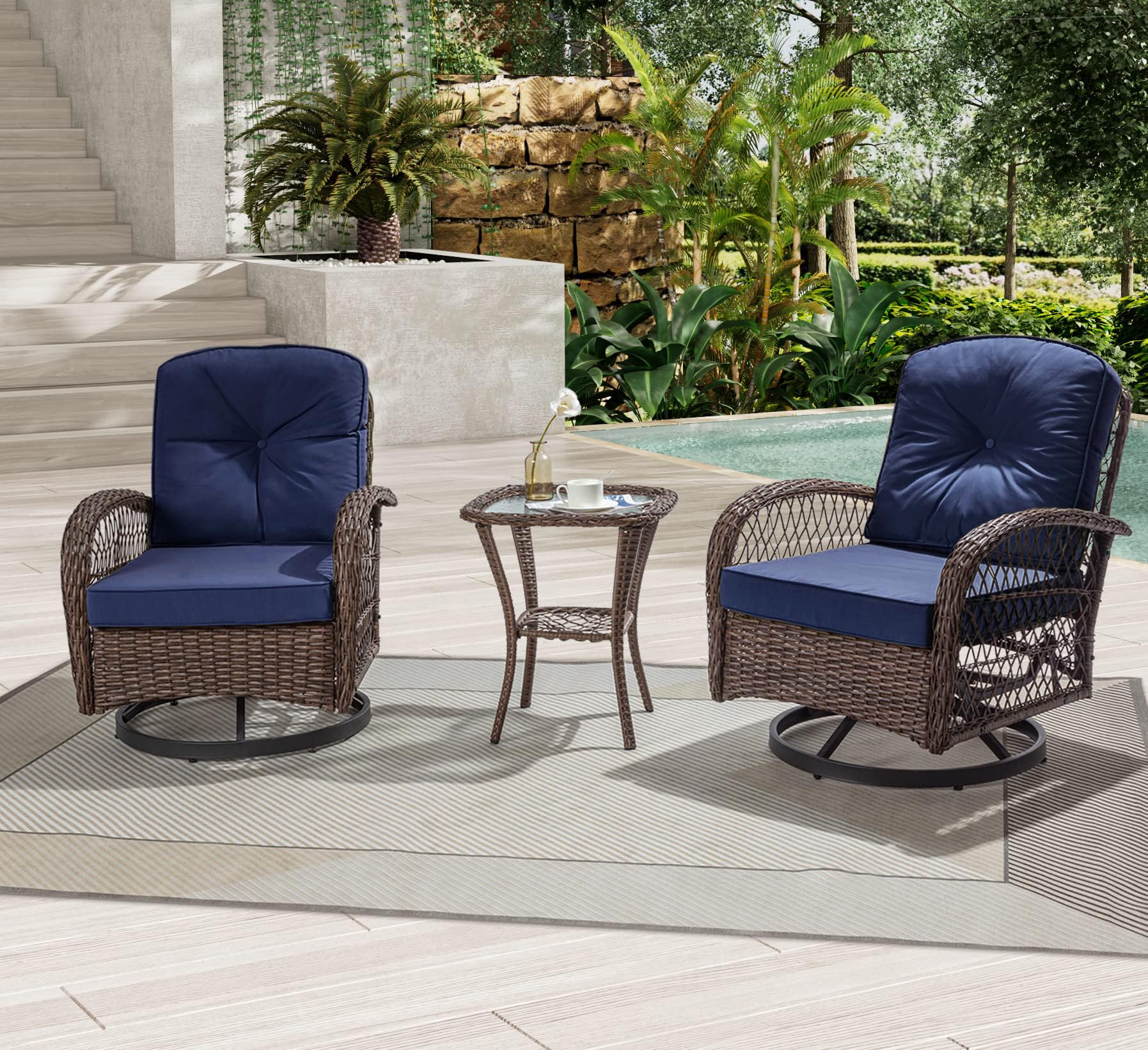 IMUsee Patio Furniture Set, 3 Pieces Swivel Rocking Chairs Outdoor Wicker Patio Bistro Set with Thick 4" Cushions, Brown & Blue