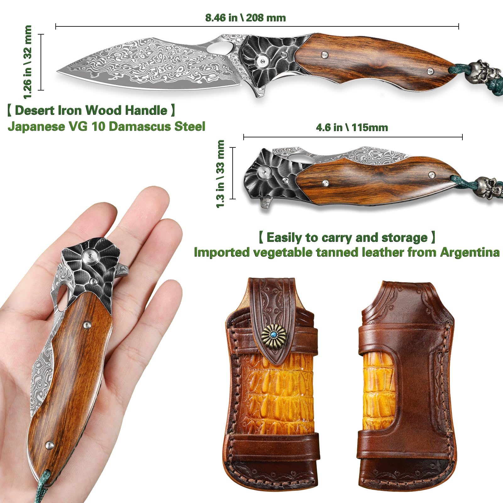 Minowe Handmade Damascus Steel Folding Pocket Knife， with 3.7in Sharp Blade，Men's Folding Knife, Liner Lock，Desert Ironwood Handle，with Leather Sheath, Home Outdoor EDC Knife, Camping Gift Knifeife