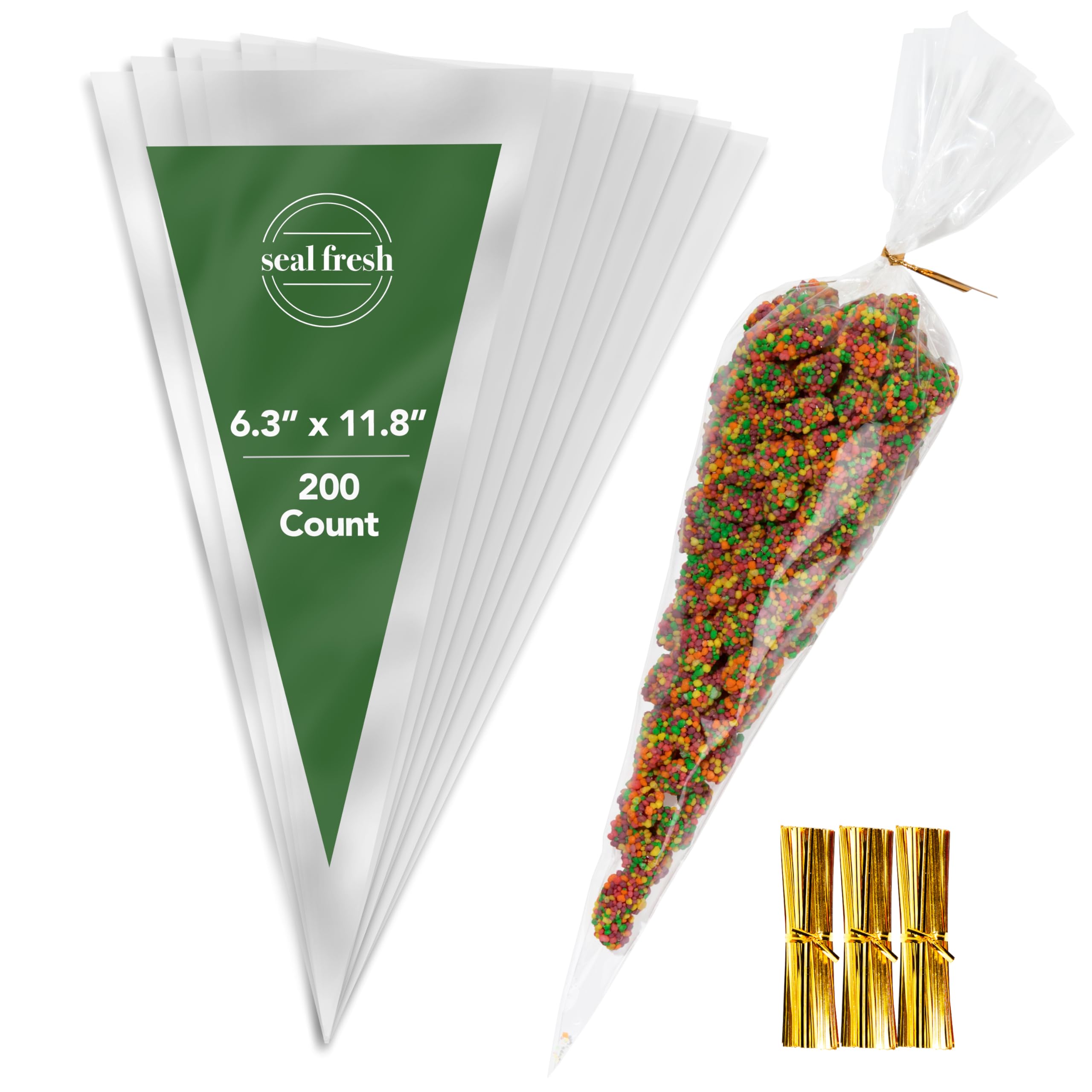 Seal Fresh Cone Cellophane Bags with Twist Ties - 6.3" x 11.8" (200 Count) - Clear Cone Shaped Treat Bags Cellophane Triangle Candy Bags - Cone Shaped Cellophane Treat Bags, Cone Cello Bags, Cone Treat Bags with Ties, Cone Shaped Favor Bags