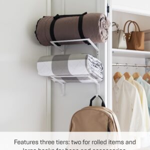 Yamazaki Home Tower Over-The-Door Yoga Mat Storage Hanger - 3-Tier Organizer for Foam Rollers, Backpacks, Hats, Bags - Extra Closet Space Saver - Steel