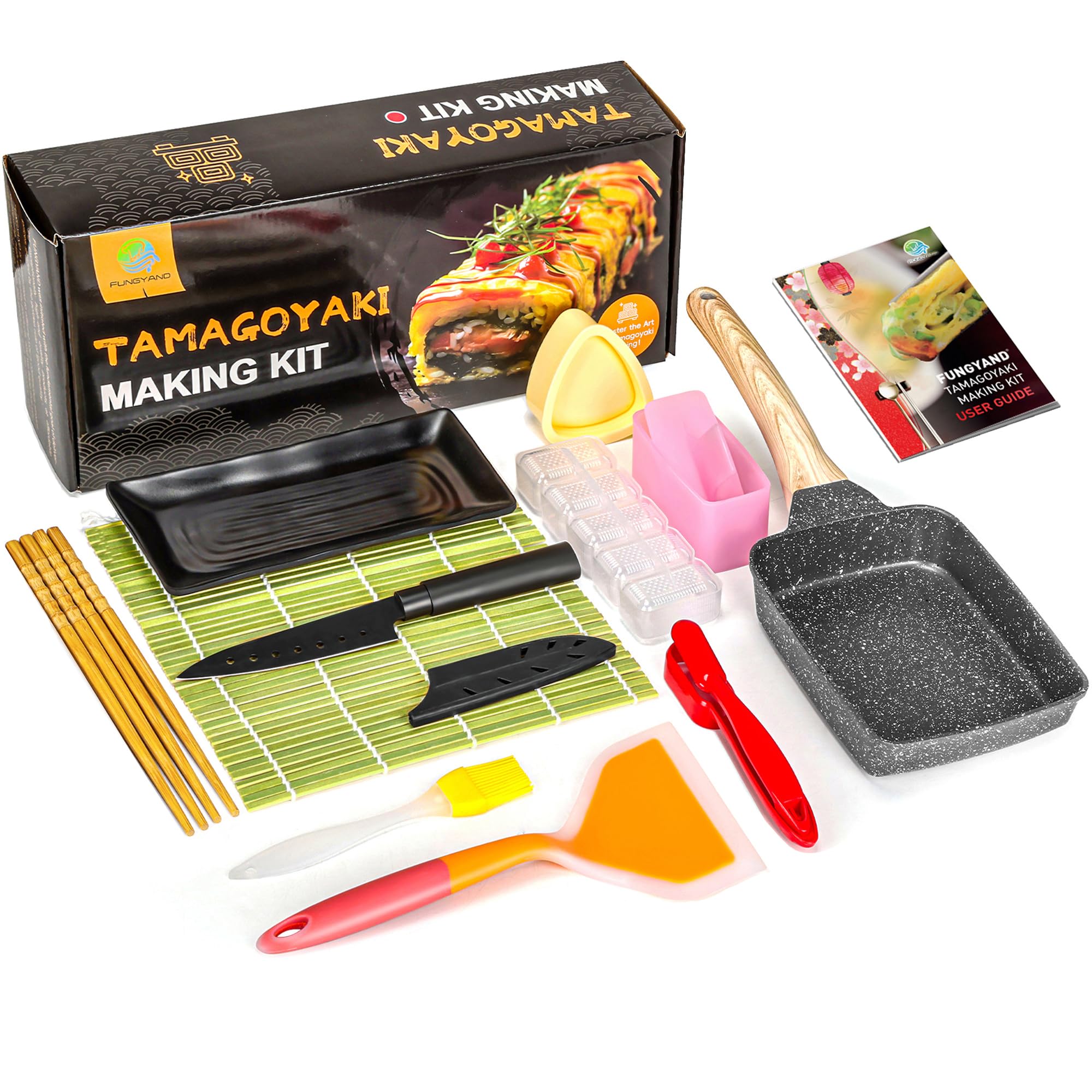 FUNGYAND Tamagoyaki Pan Set, 12-in-1 Japanese Omelette Egg Pan with Spatula, Bamboo Mat, Knife, and More Omelet & Sushi Accessories - Deluxe Complete Tamagoyaki Cookware Set - 5x7 Inches