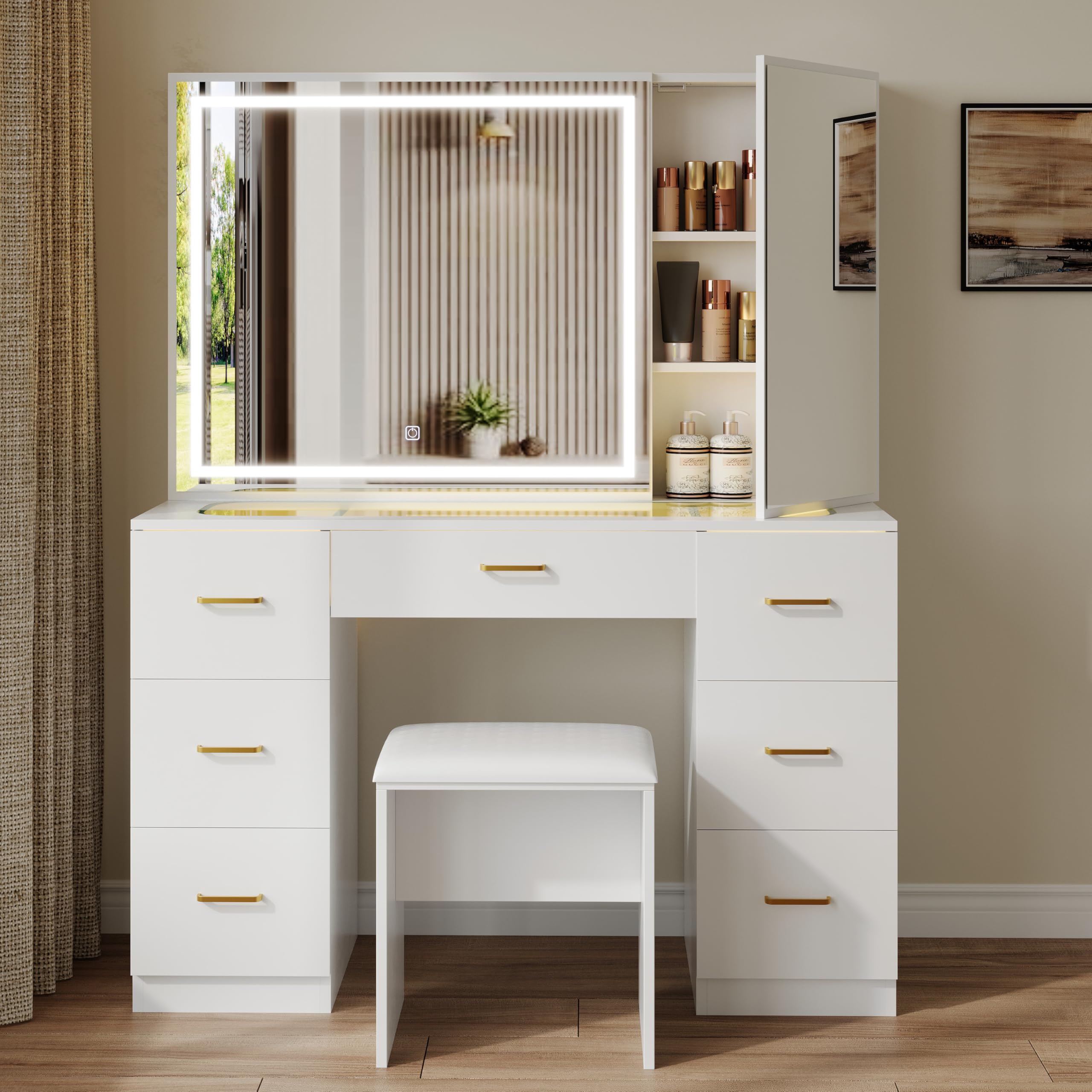 Wildhome Vanity Desk with with Mirror and Lights,Makeup Vanity with Glass Top and 7 Drawers&Cushioned Stool,Dressing Table with Drawers, Bedroom Vanity Desk for Women (White-Glass top)